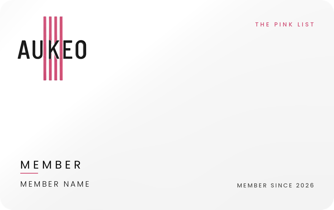 The Pink List Member card: white with the Aukeo logo